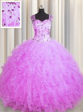 Low Price See Through Zipper Up Lilac Zipper Square Beading and Ruffles Ball Gown Prom Dress Organza Sleeveless