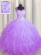 Trendy See Through Zipper Up Purple Ball Gowns Square Sleeveless Tulle Floor Length Zipper Beading and Ruffles Quinceanera Gowns