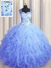Pretty See Through Zipper Up Lavender Tulle Zipper Square Sleeveless Floor Length Quince Ball Gowns Beading and Ruffles