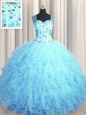 Perfect See Through Zipper Up Floor Length Baby Blue Quince Ball Gowns Tulle Sleeveless Beading and Ruffles