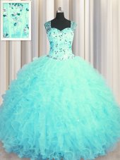 Colorful See Through Zipper Up Aqua Blue Ball Gowns Tulle Square Sleeveless Beading and Ruffles Floor Length Zipper 15th Birthday Dress