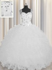 Low Price See Through Zipper Up White Sweet 16 Quinceanera Dress Military Ball and Sweet 16 and Quinceanera and For with Beading and Ruffles Square Sleeveless Zipper
