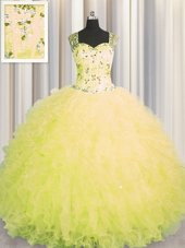 Pretty See Through Zipper Up Yellow 15th Birthday Dress Military Ball and Sweet 16 and Quinceanera and For with Beading and Ruffles Straps Sleeveless Zipper