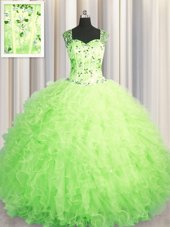 On Sale See Through Zipper Up Tulle Sleeveless Floor Length Quinceanera Dresses and Beading and Ruffles