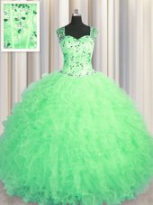 Adorable See Through Zipper Up Floor Length Apple Green Sweet 16 Dresses Straps Sleeveless Zipper