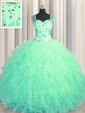 Glorious See Through Zipper Up Turquoise Zipper Straps Beading and Ruffles Sweet 16 Dresses Tulle Sleeveless