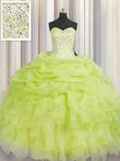 Romantic Yellow Green Sleeveless Beading and Ruffles Floor Length 15 Quinceanera Dress
