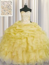 Deluxe Light Yellow Sweet 16 Dress Military Ball and Sweet 16 and Quinceanera and For with Beading and Ruffles Sweetheart Sleeveless Lace Up