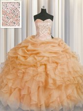 Trendy Gold Ball Gowns Beading and Ruffles Vestidos de Quinceanera Lace Up Organza Sleeveless Floor Length