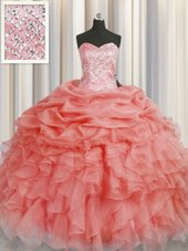Colorful Watermelon Red Organza Lace Up Sweetheart Sleeveless Floor Length Quinceanera Gown Beading and Ruffles