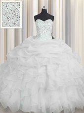 Popular White Ball Gowns Beading and Ruffles Quince Ball Gowns Lace Up Organza Sleeveless Floor Length