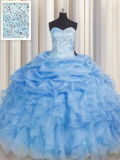 Suitable Beading and Ruffles Quinceanera Dresses Baby Blue Lace Up Sleeveless Floor Length