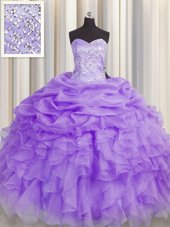 Fine Lavender Lace Up Sweet 16 Quinceanera Dress Beading and Ruffles Sleeveless Floor Length