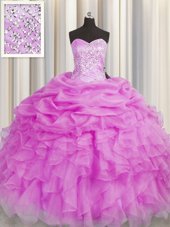 Lilac Lace Up Sweetheart Beading and Ruffles 15th Birthday Dress Organza Sleeveless