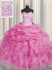 Comfortable Rose Pink Sleeveless Beading and Ruffles Floor Length Quinceanera Gowns