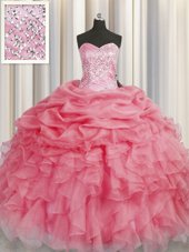 On Sale Coral Red Sleeveless Beading and Ruffles Floor Length Ball Gown Prom Dress