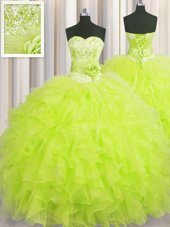 Best Selling Handcrafted Flower Organza Sweetheart Sleeveless Lace Up Beading and Ruffles and Hand Made Flower Quinceanera Gowns in Yellow Green