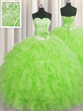 Handcrafted Flower Organza Lace Up Sweetheart Sleeveless Floor Length Vestidos de Quinceanera Beading and Ruffles and Hand Made Flower