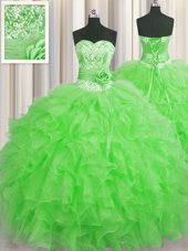 Affordable Handcrafted Flower Floor Length Lace Up Quinceanera Gowns Green and In with Beading and Ruffles and Hand Made Flower