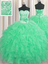 Deluxe Handcrafted Flower Floor Length Ball Gowns Sleeveless Apple Green Quince Ball Gowns Lace Up