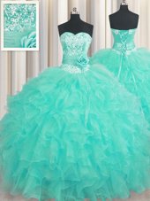 Shining Handcrafted Flower Organza Sleeveless Floor Length Quinceanera Gown and Beading and Ruffles and Hand Made Flower