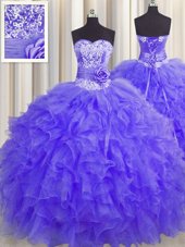 Stunning Handcrafted Flower Lavender Lace Up Quinceanera Dress Beading and Ruffles and Hand Made Flower Sleeveless Floor Length