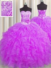 Shining Handcrafted Flower Sleeveless Organza Floor Length Lace Up Quince Ball Gowns in Purple for with Beading and Ruffles and Hand Made Flower