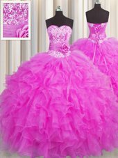 Cute Handcrafted Flower Sleeveless Floor Length Beading and Ruffles and Hand Made Flower Lace Up Quince Ball Gowns with Fuchsia