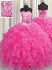 New Arrival Handcrafted Flower Hot Pink Sleeveless Floor Length Beading and Ruffles Lace Up Quinceanera Dress
