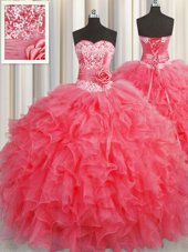 Glamorous Handcrafted Flower Sleeveless Lace Up Floor Length Ruffles and Hand Made Flower 15th Birthday Dress