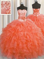 Nice Handcrafted Flower Orange Red Sleeveless Floor Length Beading and Ruffles and Hand Made Flower Lace Up Quinceanera Gowns