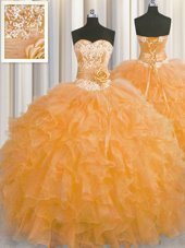 Fantastic Handcrafted Flower Orange Organza Lace Up Sweetheart Sleeveless Floor Length Quince Ball Gowns Beading and Ruffles and Hand Made Flower