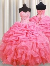 Customized Halter Top Sleeveless Floor Length Beading and Ruffles and Pick Ups Lace Up Quince Ball Gowns with Rose Pink