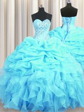 High Quality Aqua Blue Organza Lace Up Quinceanera Gown Sleeveless Floor Length Beading and Ruffles and Pick Ups