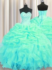 Extravagant Pick Ups Floor Length Turquoise Sweet 16 Dress Sweetheart Sleeveless Lace Up