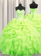 Fashionable Yellow Green Sweet 16 Dresses Military Ball and Sweet 16 and Quinceanera and For with Beading and Ruffles and Pick Ups Sweetheart Sleeveless Lace Up
