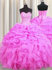 Affordable Rose Pink Sweet 16 Dresses Military Ball and Sweet 16 and Quinceanera and For with Beading and Ruffles and Pick Ups Sweetheart Sleeveless Lace Up