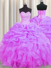 Sleeveless Organza Floor Length Lace Up Quince Ball Gowns in Lilac for with Beading and Ruffles and Pick Ups