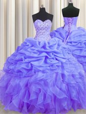 Most Popular Lavender Ball Gowns Sweetheart Sleeveless Organza Floor Length Lace Up Beading and Ruffles and Pick Ups Sweet 16 Dress