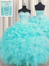 Popular Visible Boning Sleeveless Lace Up Floor Length Beading and Ruffles and Pick Ups Quinceanera Gowns