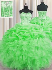 Captivating Visible Boning Green Lace Up Quinceanera Gowns Beading and Ruffles and Pick Ups Sleeveless Floor Length