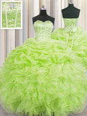 Designer Visible Boning Yellow Green Sweetheart Lace Up Beading and Ruffles and Pick Ups Quinceanera Gowns Sleeveless