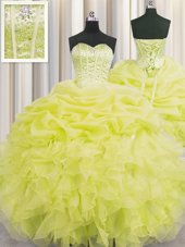Sweet Visible Boning Yellow Ball Gowns Sweetheart Sleeveless Organza Floor Length Lace Up Beading and Ruffles and Pick Ups Quinceanera Gowns