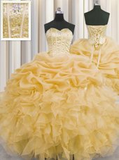 Nice Pick Ups Visible Boning Floor Length Ball Gowns Sleeveless Light Yellow Quince Ball Gowns Lace Up