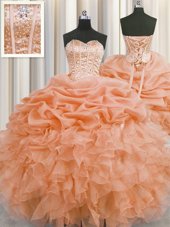 Inexpensive Visible Boning Orange Sweet 16 Dress Military Ball and Sweet 16 and Quinceanera and For with Beading and Ruffles and Pick Ups Sweetheart Sleeveless Lace Up