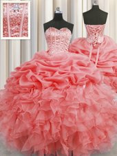 Hot Sale Visible Boning Floor Length Watermelon Red Quinceanera Gown Organza Sleeveless Beading and Ruffles and Pick Ups