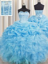Artistic Visible Boning Baby Blue Sweetheart Neckline Beading and Ruffles and Pick Ups Sweet 16 Dresses Sleeveless Lace Up