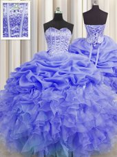 Decent Visible Boning Beading and Ruffles and Pick Ups Sweet 16 Dress Purple Lace Up Sleeveless Floor Length