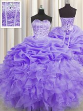Glittering Visible Boning Lavender Sleeveless Beading and Ruffles and Pick Ups Floor Length Vestidos de Quinceanera
