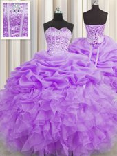 Exquisite Visible Boning Sweetheart Sleeveless 15 Quinceanera Dress Floor Length Beading and Ruffles and Pick Ups Lavender Organza